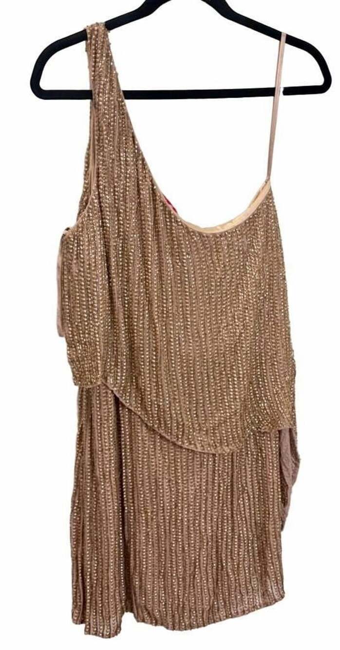 Parker One Shoulder Beaded Sequin Cocktail Dress Size 10 Champagne Gold